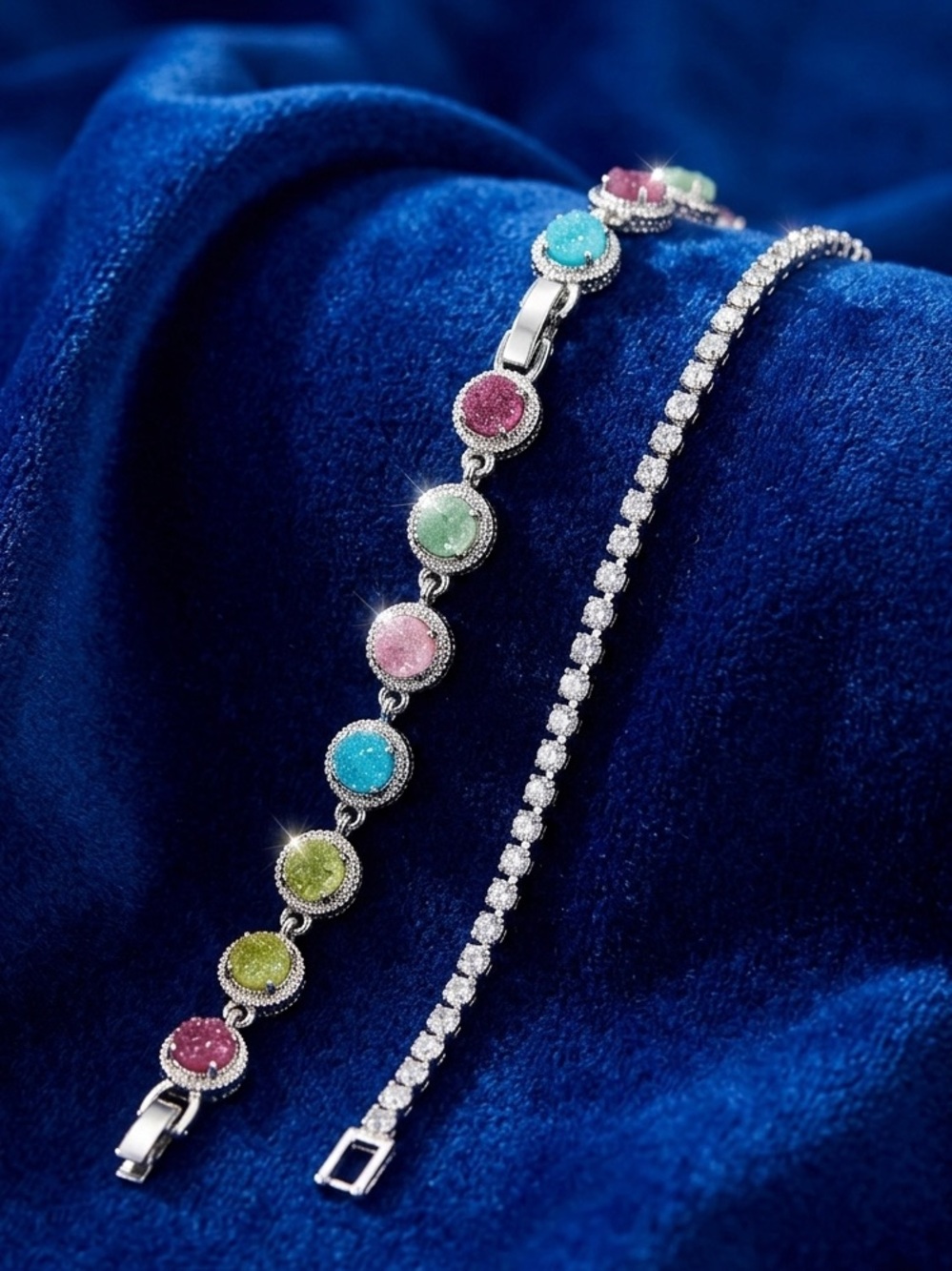New Multicolor Candy Tennis and Dainty Clear Bracelet Duo - Silver - Picture 2 of 2